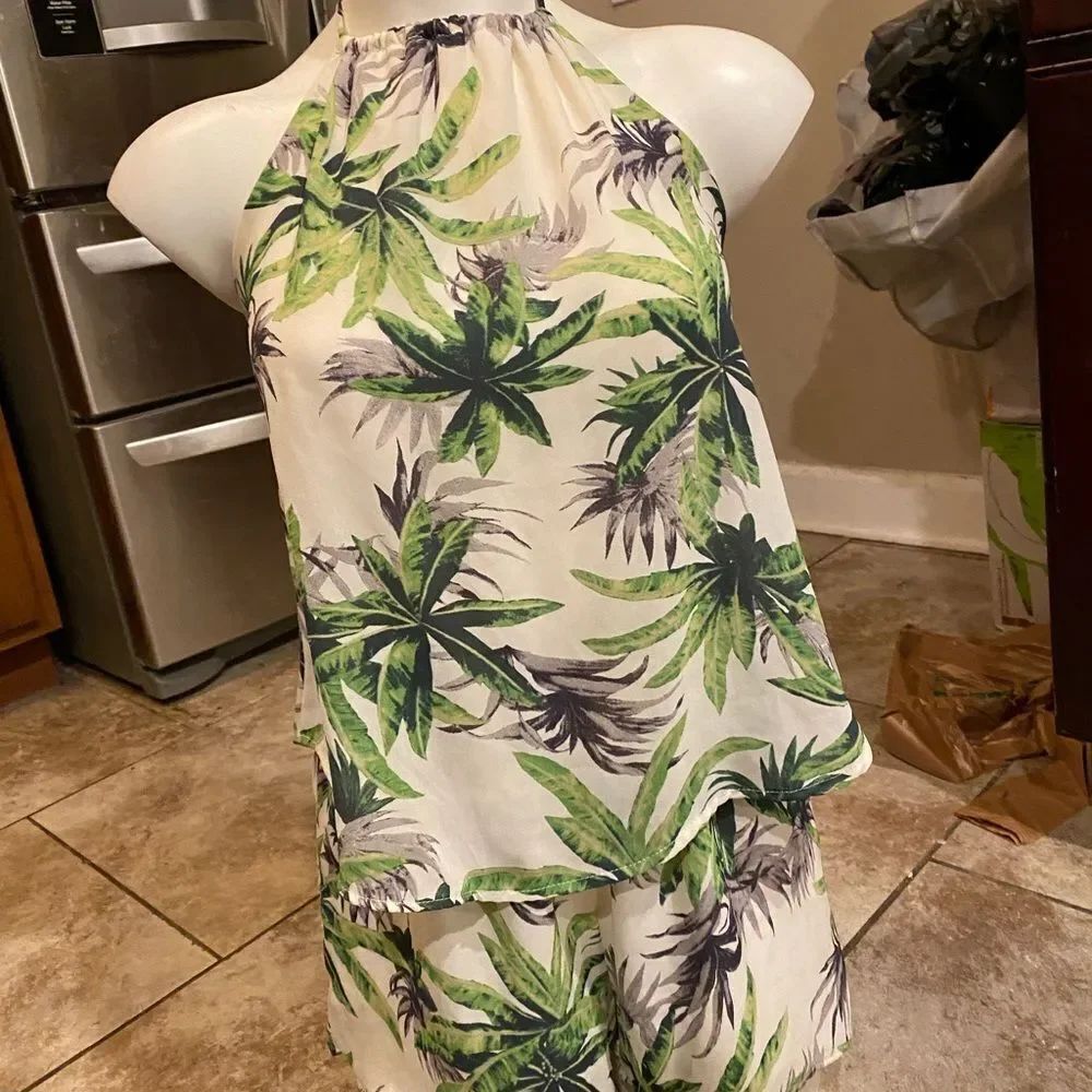 Alia Tropical Leaf Print Halter Romper Shorts Small